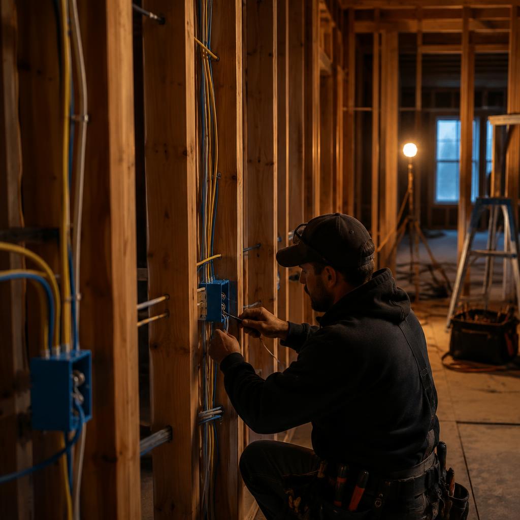 Electrician wiring rough-in circuits in the wood framing of a new house